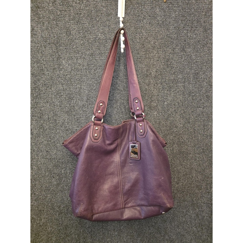 Tignanello Shoulder Bag Womens Medium Purple Leather Studded Striped Lining